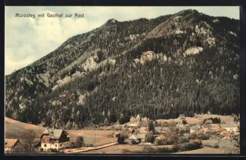 AK Mürzsteg, Gasthof zu Post vor Berghintergrund