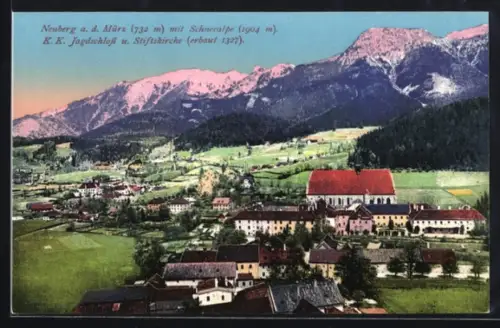 AK Neuberg a. d. Mürz, Ortsansicht mit Schneealpe, K. K. Jagdschloss u. Stiftskirche