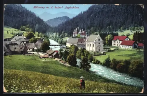 AK Mürzsteg, Ortspartie mit dem kaiserlichen Jagdschloss
