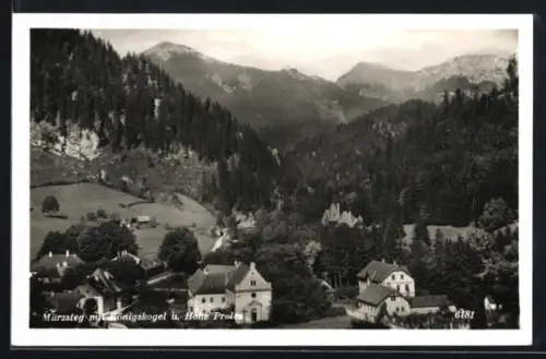 AK Mürzsteg, Ortspartie mit Königskogel und Hohe Proles