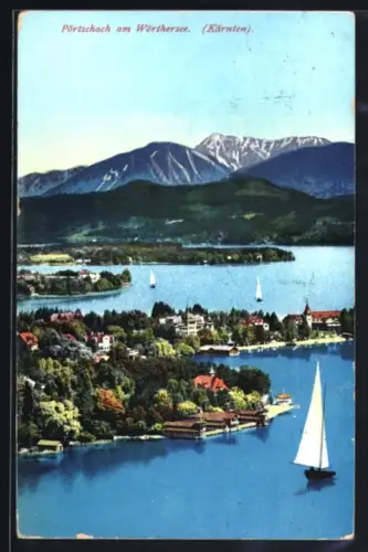 AK Pörtschach am Wörthersee, Teilansicht mit Segelbooten