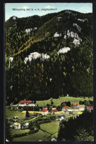 AK Mürzsteg, Ortspartie mit k. u. k. Jagdschloss