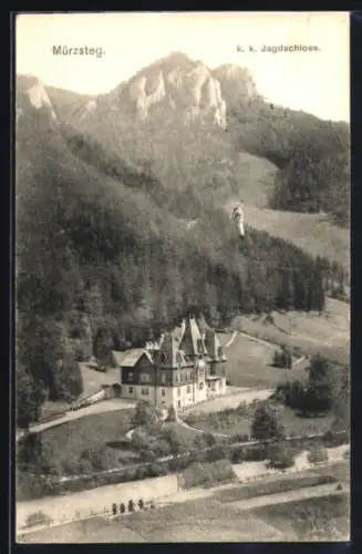 AK Mürzsteg, K. k. Jagdschloss aus der Luft gesehen