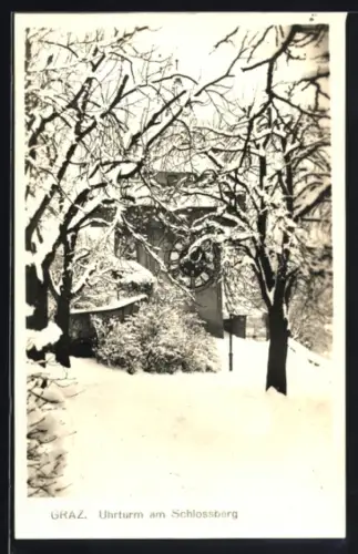 AK Graz, Uhrturm am Schlossberg im Schnee