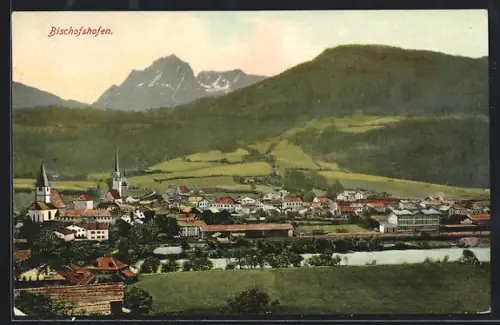 AK Bischofshofen, Panorama mit Kirche und Bergen