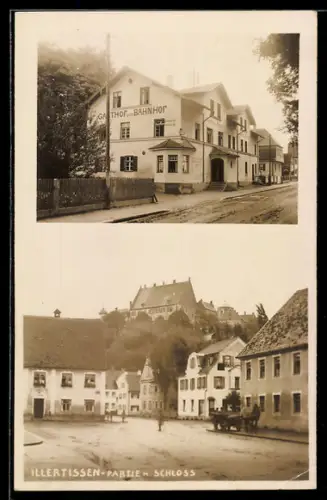 AK Illertissen, Gasthof zum Bahnhof mit Strasse, Ortspartie mit Schloss