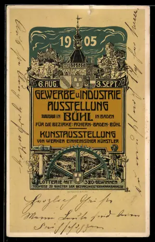 Künstler-AK Bühl in Baden, Gewerbe- u. Industrie-Ausstellung 11905, Ausstellungsgebäude, Wappen, Zahnrad