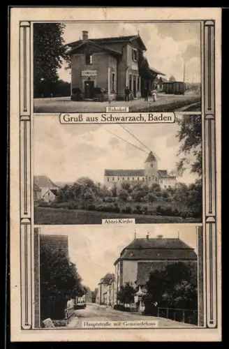 AK Schwarzach /Baden, Bahnhof mit Bahnsteig, Abtei-Kirche, Hauptstrasse mit Gemeindehaus