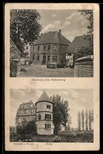AK Verne i. W., Gasthaus Joh. Stukenberg mit Strasse, Burg