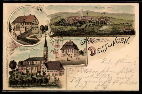 Lithographie Deisslingen, Panorama, Kath. Kirche mit Pfarrhaus, Bierbrauerei zum Löwen