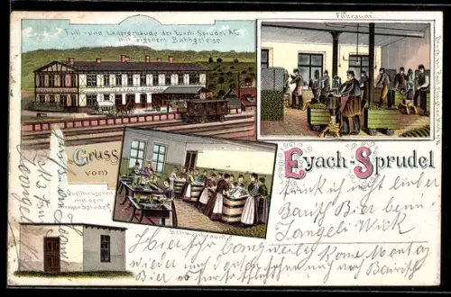 Lithographie Eyach, Eyach-Sprudel, Quellhäuschen mit grossen Sprudel, Füll- und Lagergebäude