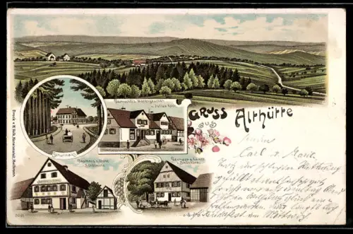 Lithographie Althütte, Schulhaus, Gemischtes Warengeschäft v. Julius Koch