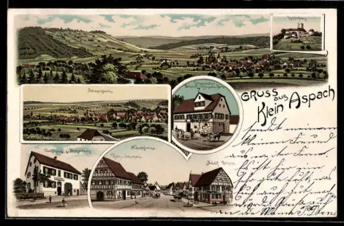 Lithographie Klein Aspach, Gasthaus z. Sinzenburg, Hauptstrasse mit Geschäft A. Schmid, Allmersbach