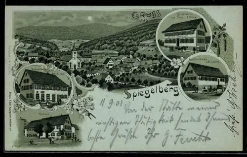 Mondschein-Lithographie Spiegelberg, Gasthaus Bierbrauerei zum Stern L. Glück, Gemischtwaren Kirchner