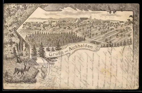 Lithographie Aichhalden, Panorama und Waldpartie mit Rehen