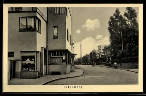 AK Palenberg, Strassenpartie mit Gaststätte und Gebäude mit Uhr, Bauhaus