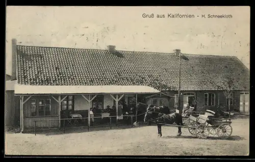 AK Kalifornien, Gasthaus H. Schneekloth mit Gästen, Serviererin, Kutsche