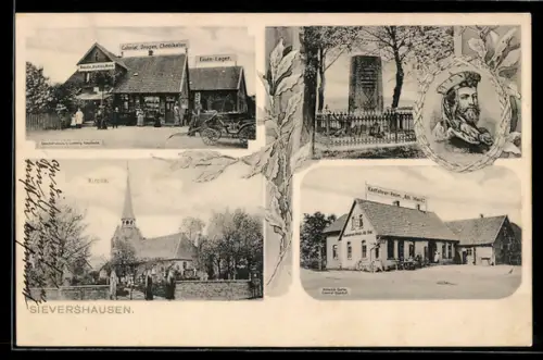 AK Sievershausen, Kolonialwaren u. Tankstelle Ludwig Kaufbold, Radfahrer-Heim All Heil, Denkmal Moritz