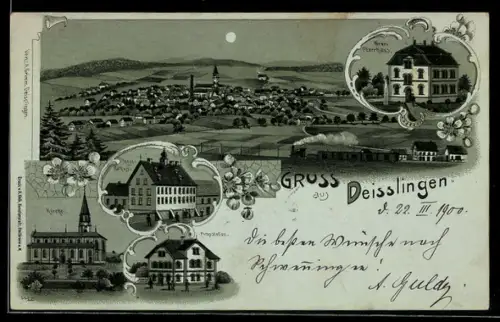 Mondschein-Lithographie Deisslingen, Pumpstation, Schul- u. Rathaus, Pfarrhaus Neves, Gesamtansicht