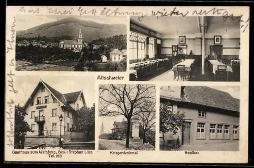 AK Altschweier, Gasthaus zum Weinberg S. Linz, Kriegerdenkmal, Saalbau mit Innenansicht