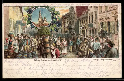 Lithographie Bühl / Baden, Partie auf dem Bühler Frühzwetschgenmarkt, Kolonialwarengeschäft