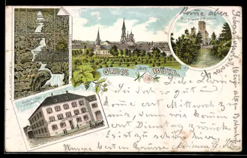 Lithographie Bühl, Gasthof zum Stern A. Edelmann, Wasserfall mit Brücken, Ortsansicht