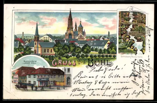 Lithographie Bühl, Buchbinderei Josef Zell, Gertelbach Wasserfälle, Ortsansicht