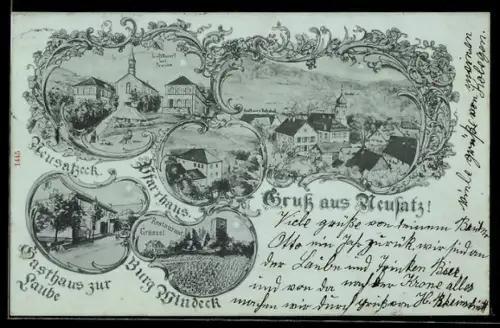 Künstler-AK Neusatz, Gasthaus zur Laube, Luftkurort Neusatzeck mit Pension, Restaurant Grassel, Ortsansicht