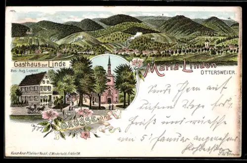 Lithographie Ottersweier, Gasthaus zur Linde A. Leppert, Ortspartie mit Kirche Maria-Linden, Gesamtansicht