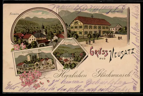 Lithographie Neusatz, Gasthaus zur Laube, Altwindeck, Pfarrhaus, Teilansicht