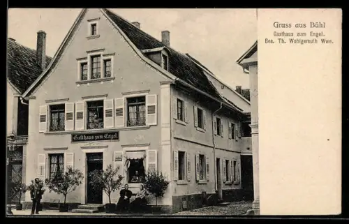 AK Bühl, Gasthaus zum Engel Th. Wohlgemuth Wwe., mit kleiner Versammlung