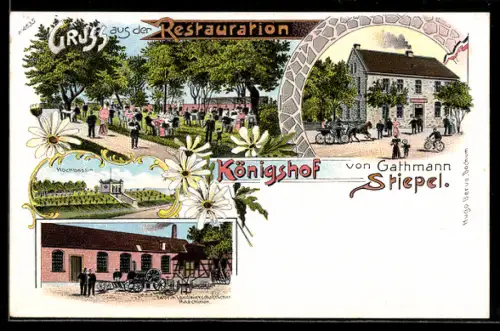 Lithographie Stiepel, Kutsche am Gasthaus Königshof, Fabrik landwirtschaftlicher Maschinen, Hochbassin