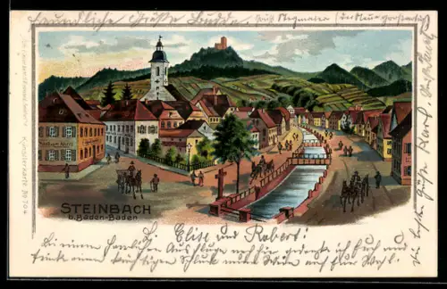 Lithographie Steinbach /Baden-Baden, Totalansicht mit Gasthaus zum Adler, Strassen u. Kanal, Burg