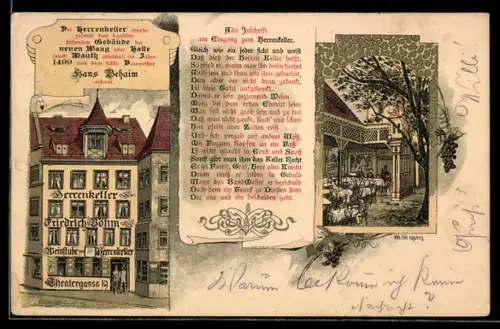 Lithographie Nürnberg, Gasthof Herrenkeller, Theatergasse 19, mit Garten u. alter Aufschrift am Eingang