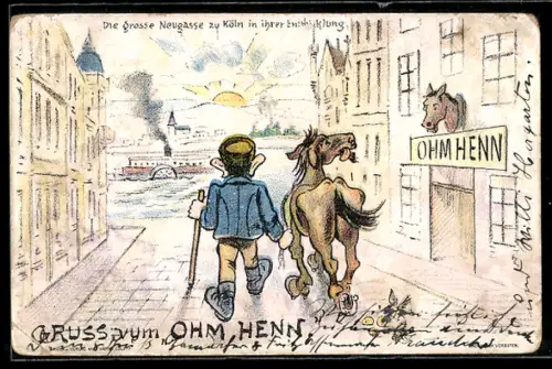 Lithographie Köln, Grosse Neugasse in ihrer Entwicklung, Gasthaus Ohm Henn, Spaziergänger mit Pferd, Wasserblick