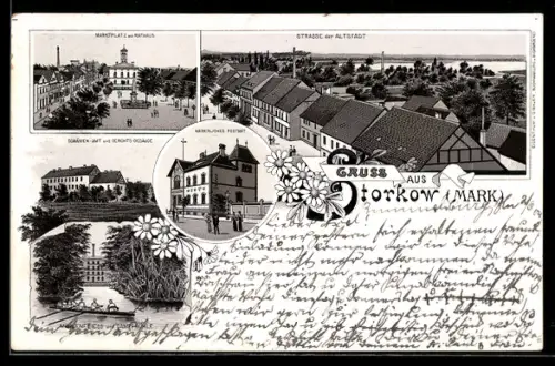Lithographie Storkow /Mark, Mühlenfliess und Dampfmühle, Domänen-Amt u. Gericht, Strasse der Altstadt
