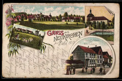 Lithographie Neukirchen /Eisenach, Gasthof zum Schwan Otto Laun, Teilansicht mit Windmühle u. Schäfer