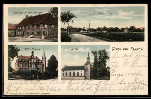AK Reppner, Gasthaus F. Dannenbaum, Villa Hogrefe, Kirche, Totalansicht