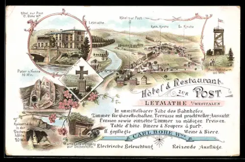 Lithographie Letmathe i. W., Hotel & Restaurant zur Post C. Bohe Wwe., Kaiserhalle Dechenhöhle, Landkarte