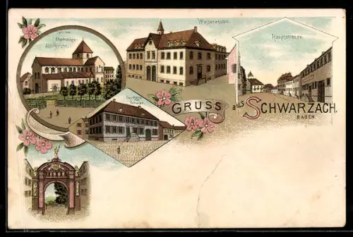Lithographie Schwarzach /Baden, Gasthaus zum Schwan, Waisenanstalt und Hauptstrasse