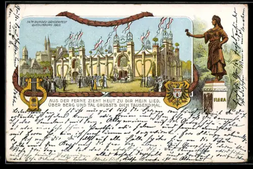 Lithographie Quedlinburg, Bundes-Sängerfest 1903, Flora-Statue, Wappen
