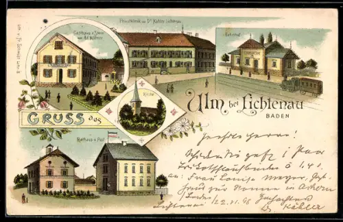 Lithographie Ulm bei Lichtenau, Gasthaus zum Stern, Privatklinik Dr. Köhler, Bahnhof
