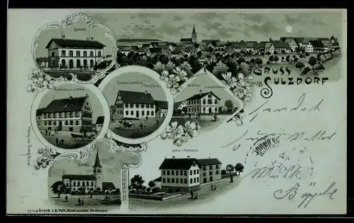 Mondschein-Lithographie Sulzdorf, Gasthaus zum Lamm, Bahnhof, Schulhaus und Rathaus