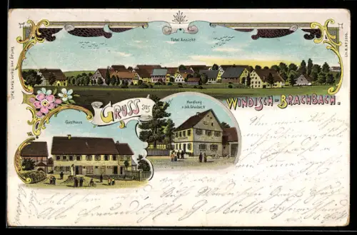 Lithographie Windisch-Brachbach, Gasthaus, Handlung von Joh. Gronbach