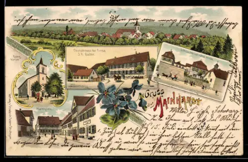 Lithographie Mainhardt, Evangel. Kirche, Geschäfthaus d. Firma J. Bacher, Schlösschen mit Kath. Kirche