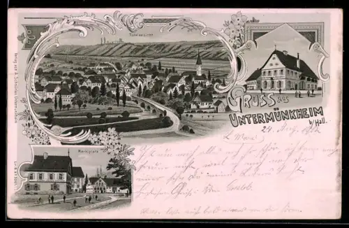 Lithographie Untermünkheim b. Hall, Gasthaus A. Schmörles, Marktplatz, Totalansicht