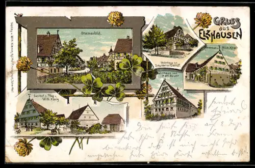 Lithographie Elzhausen, Gasthof zum Pflug, Bes. Wilh. König, Wohnhaus von Schultheiss Dierolf, Anwesen Mich. Kraft