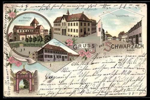 Lithographie Schwarzach /Baden, Gasthaus zum Schwan, Waisenanstalt, Hauptstrasse