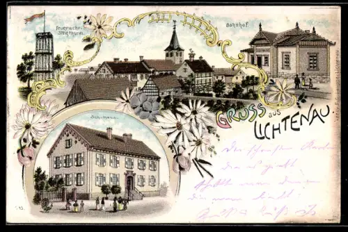Lithographie Lichtenau /Baden, Bahnhof, Schulhaus, Feuerwehr-Steigturm