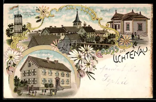 Lithographie Lichtenau /Baden, Bahnhof, Schulhaus und Feuerwehr-Steigturm
